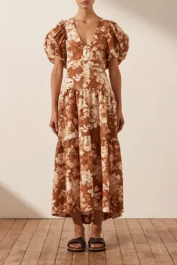 Shona Joy Capucine Linen Plunged Short Sleeve Midi Dress Almond Size 6 for rent on The Volte - image 2