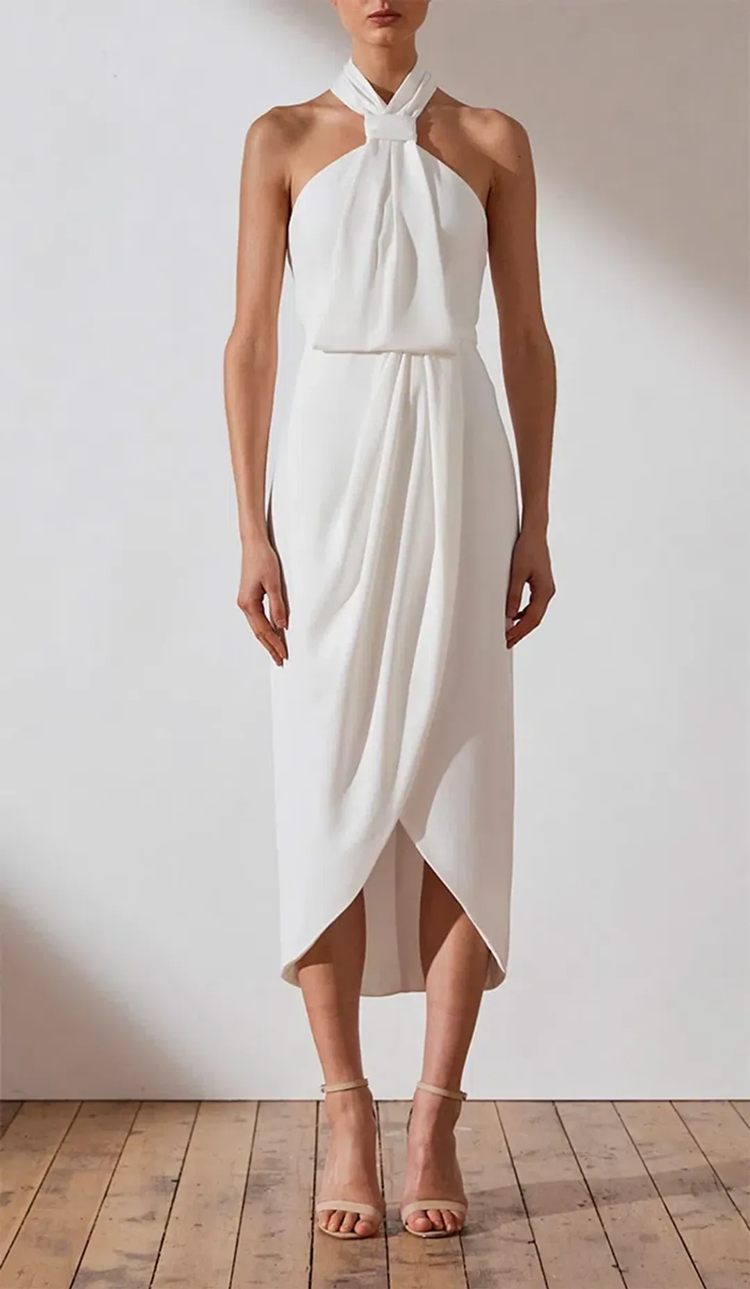 Shona Joy Knot Draped Midi Dress Ivory Size 10 for rent on The Volte - main image