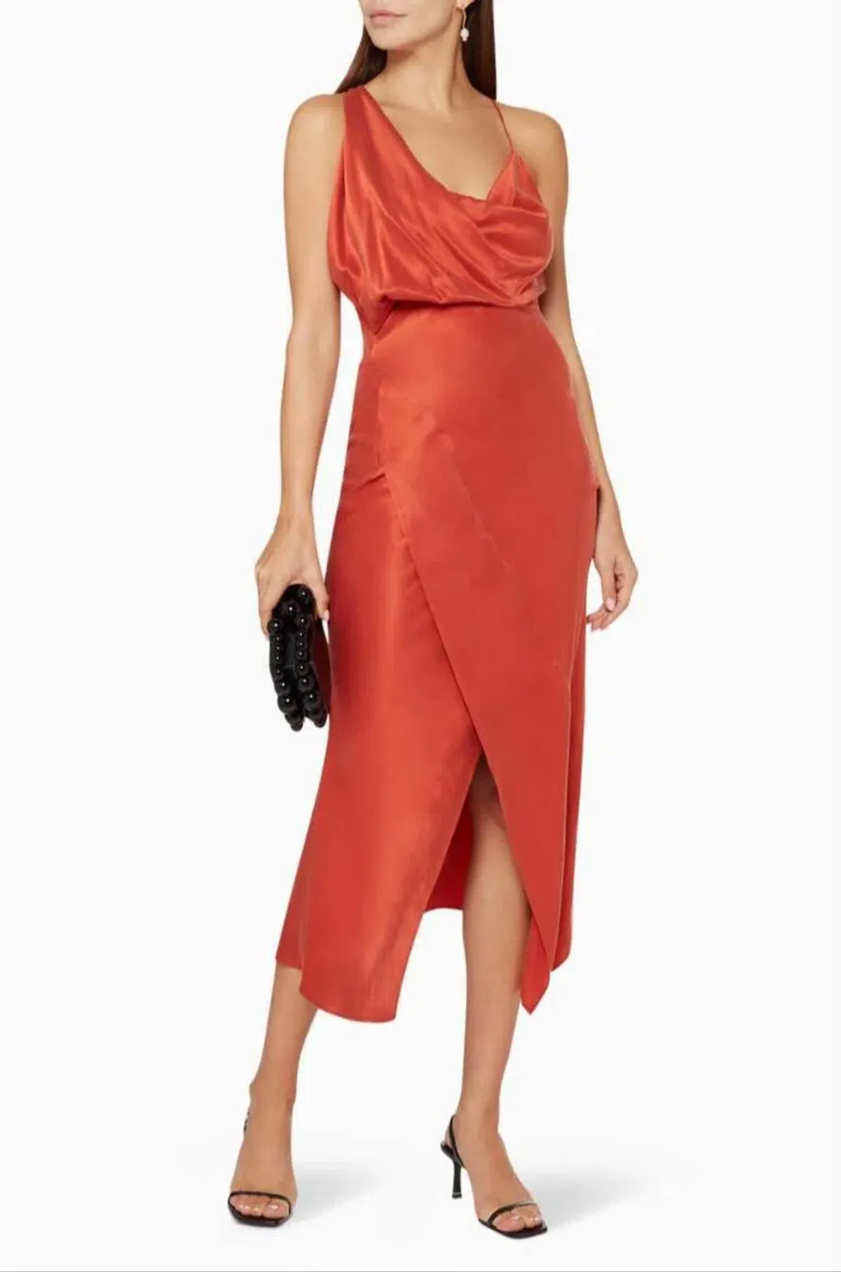 One Fell Swoop Muse Asymmetric Midi Dress in Burnt Orange Size 6 for rent on The Volte - main image