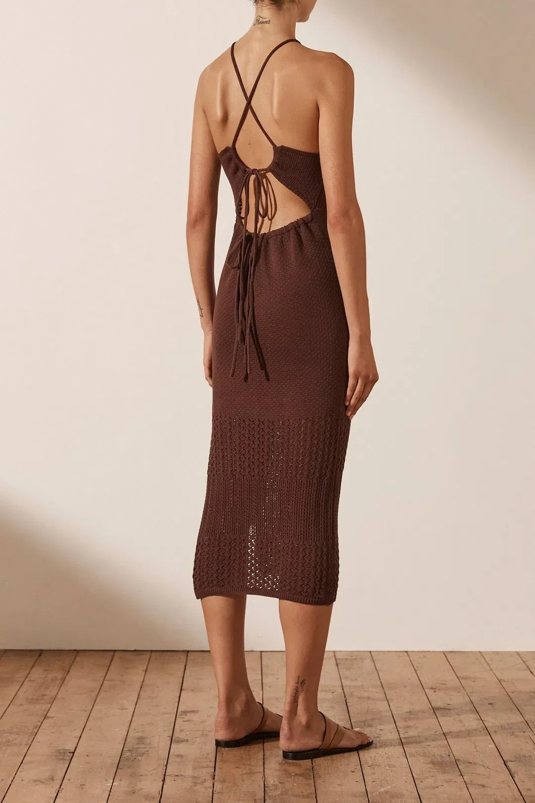 Shona Joy Calypso Crochet Open Back Midi Dress Brown Size S / Au 8 for rent on The Volte - main image