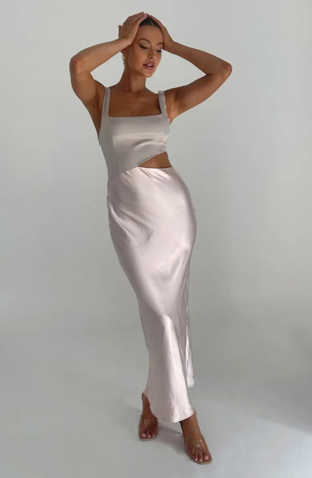 Meshki Gianna Two Tone Slashed Maxi Dress Blush Pink Size 8  for rent on The Volte - main image