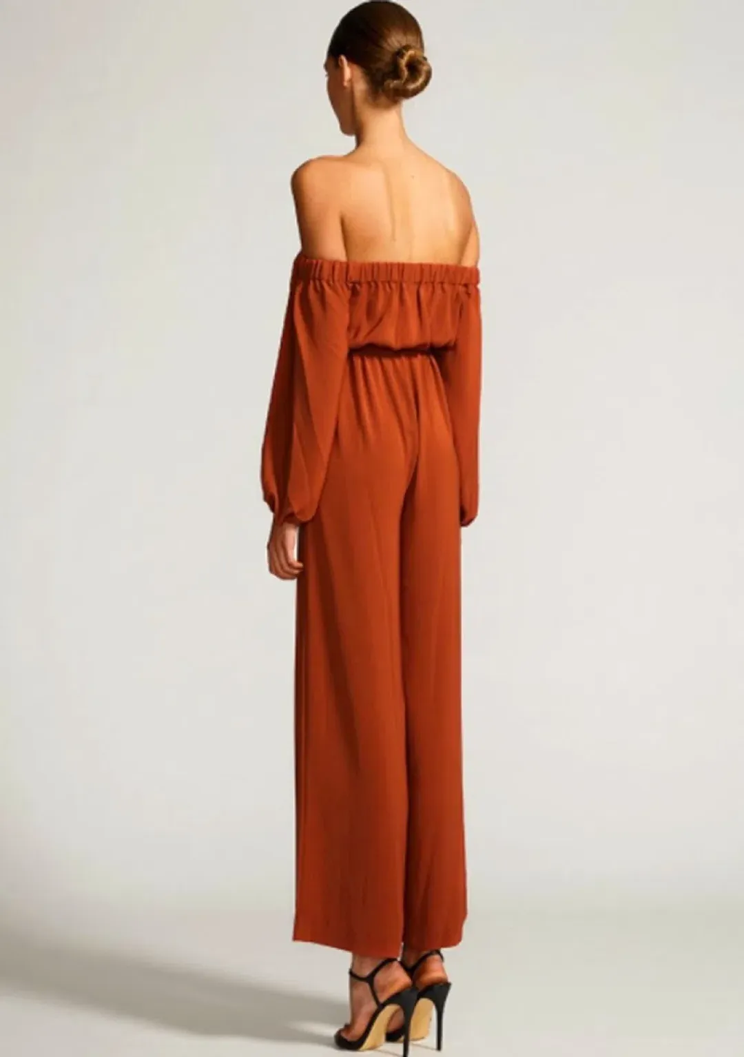 Shona Joy Off The Shoulder Jumpsuit Rust  Size 8 for rent on The Volte - main image