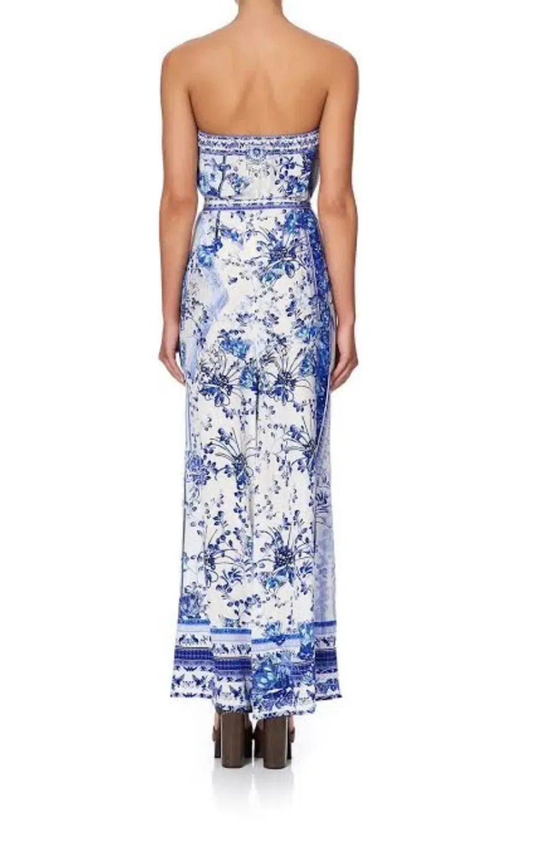 Camilla Strapless Jumpsuit With D Ring Belt in Cards From The Coast Print Size XS / Au 8 for rent on The Volte - main image