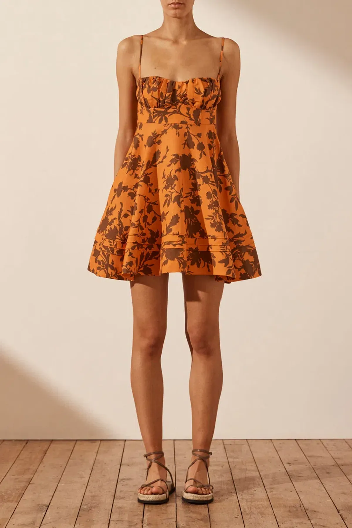 Shona Joy Uli Linen Corded Circle Mini Dress Orange Print Size 12 for rent on The Volte - main image