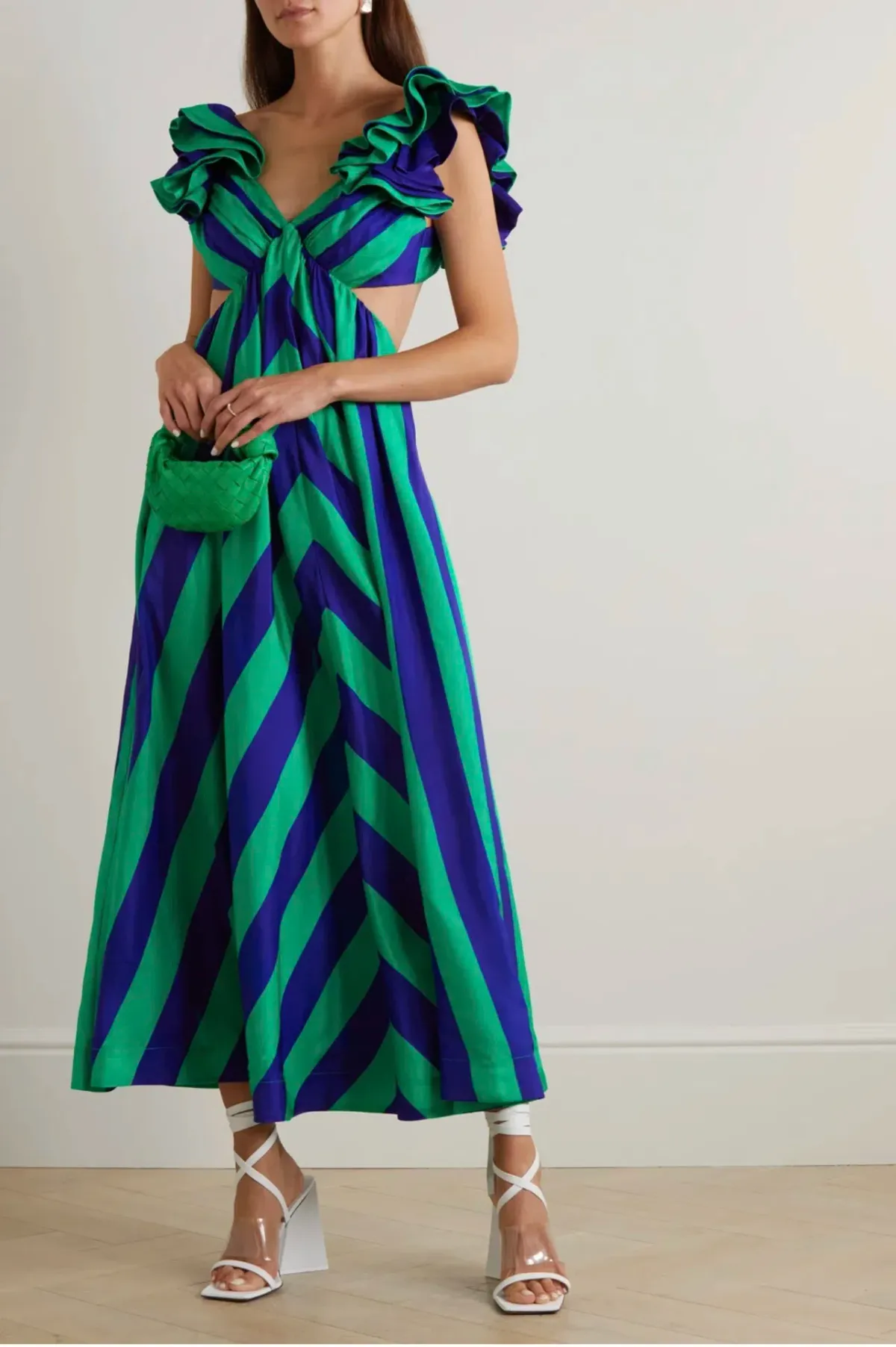 Zimmermann Tiggy Frill Shoulder Dress Navy/Green Stripe Size 2 / AU 12 for rent on The Volte - main image