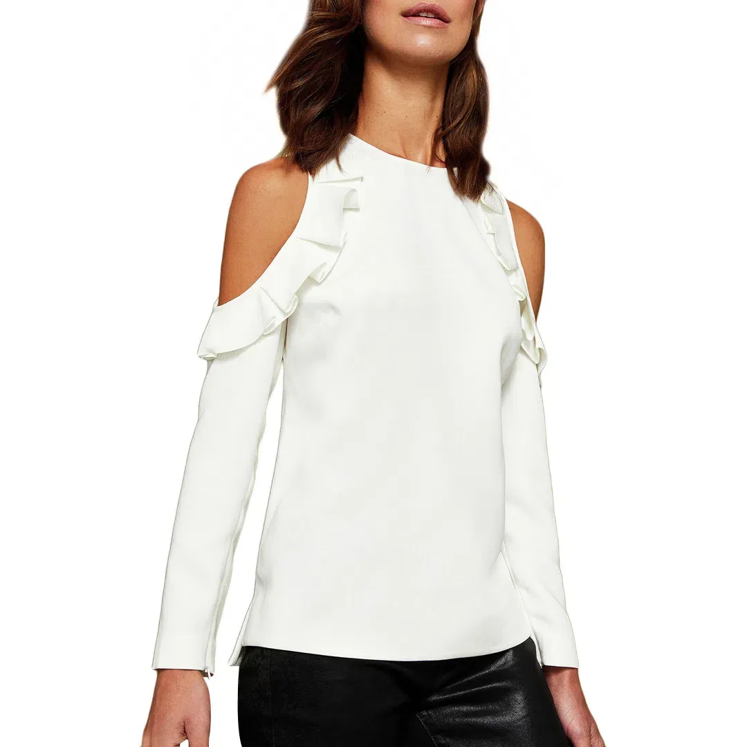 Ted Baker Steffe Ivory Cold Shoulder Ruffle Top in Cream Size 1/AU 8 for rent on The Volte - main image