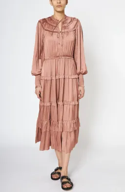Ulla Johnson Serena Ruffled Satin Midi Dress Copper Pink Size 10 for rent on The Volte - image 1