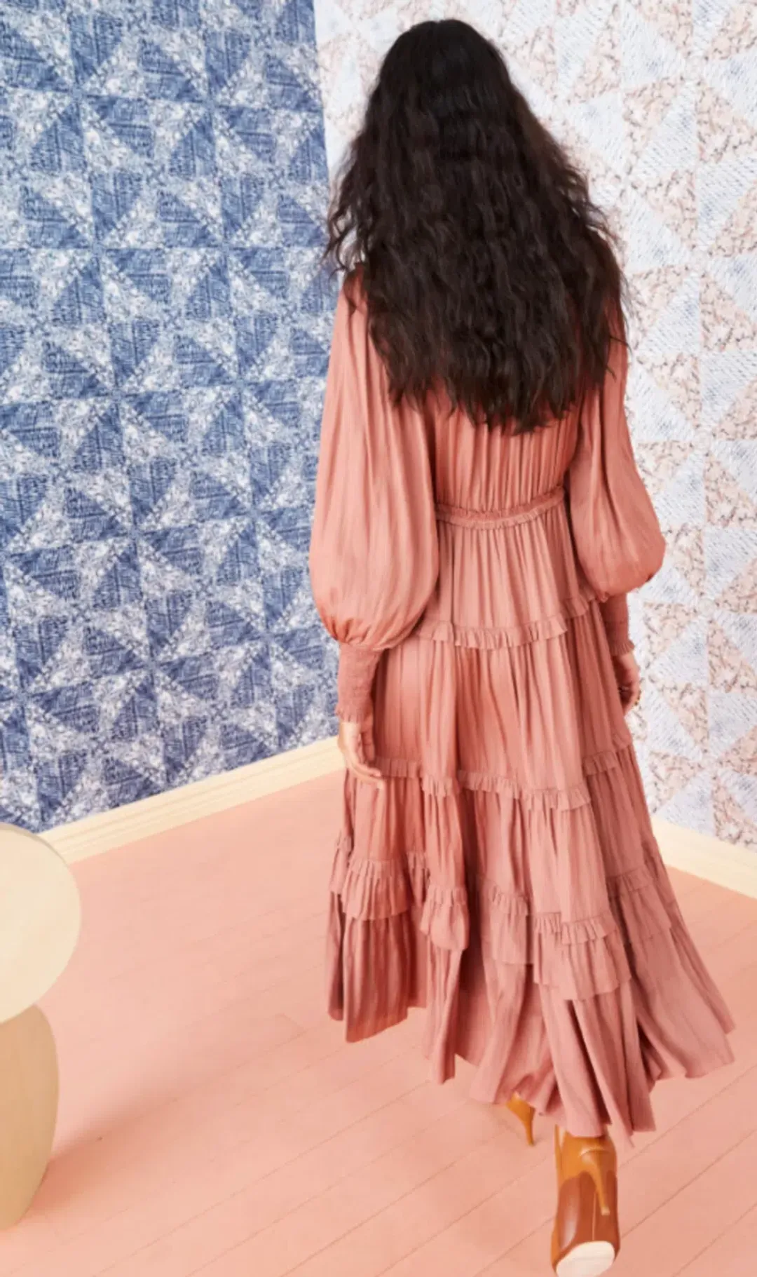Ulla Johnson Serena Ruffled Satin Midi Dress Copper Pink Size 10 for rent on The Volte - main image