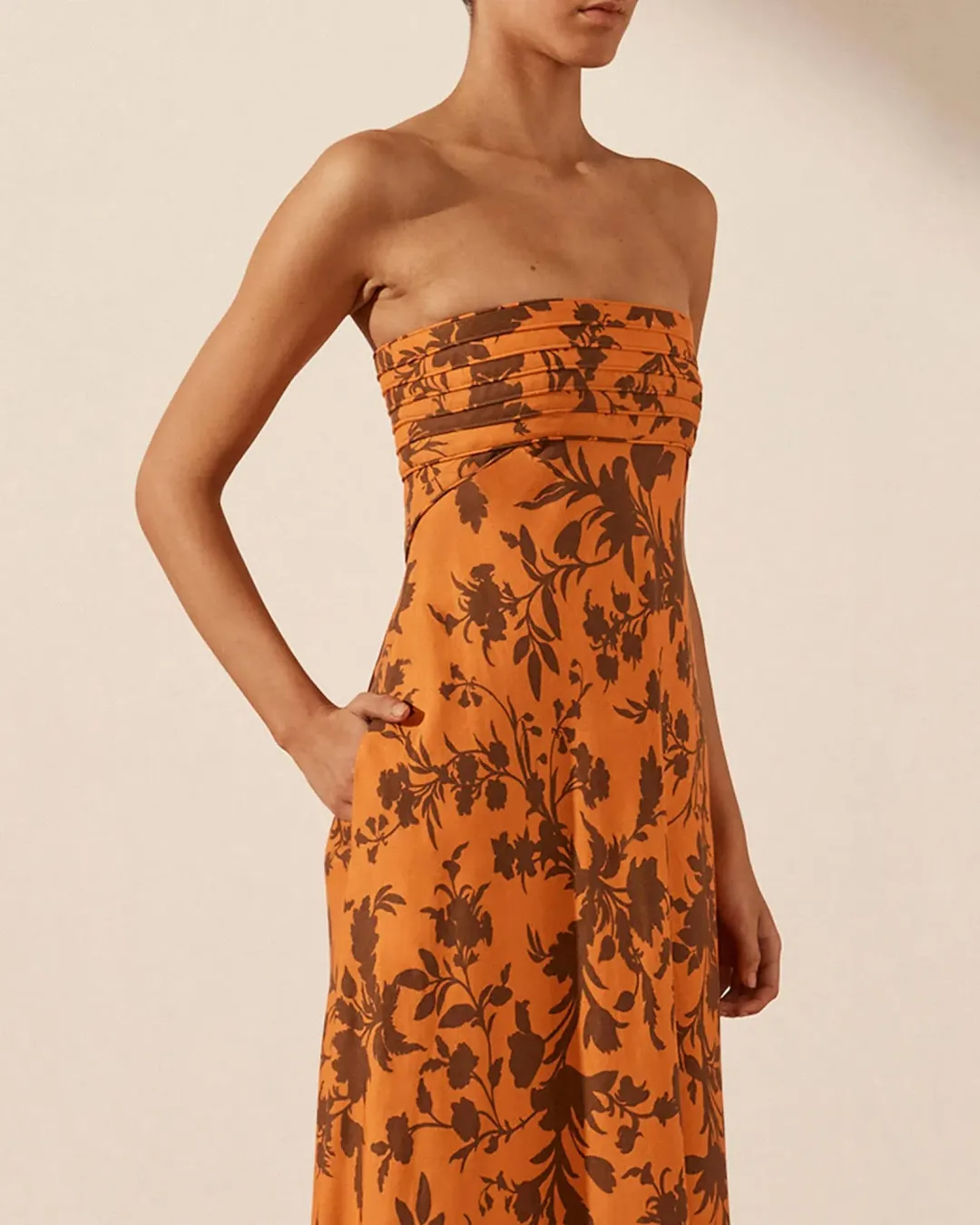 Shona Joy Uli Linen Corded Strapless Maxi Dress Print Size 10 / M for rent on The Volte - main image