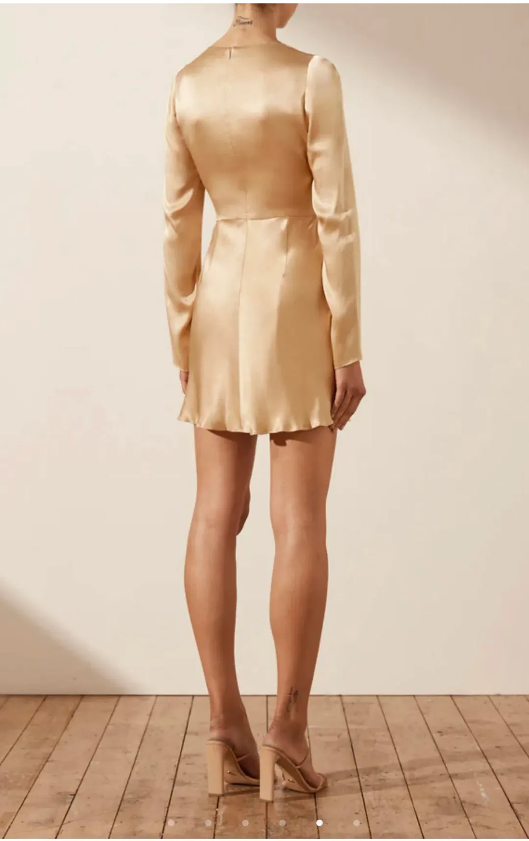 Shona Joy Felicity Long Sleeve Cut Out Front Mini Dress Porcini Cream Size AU 14 for rent on The Volte - main image