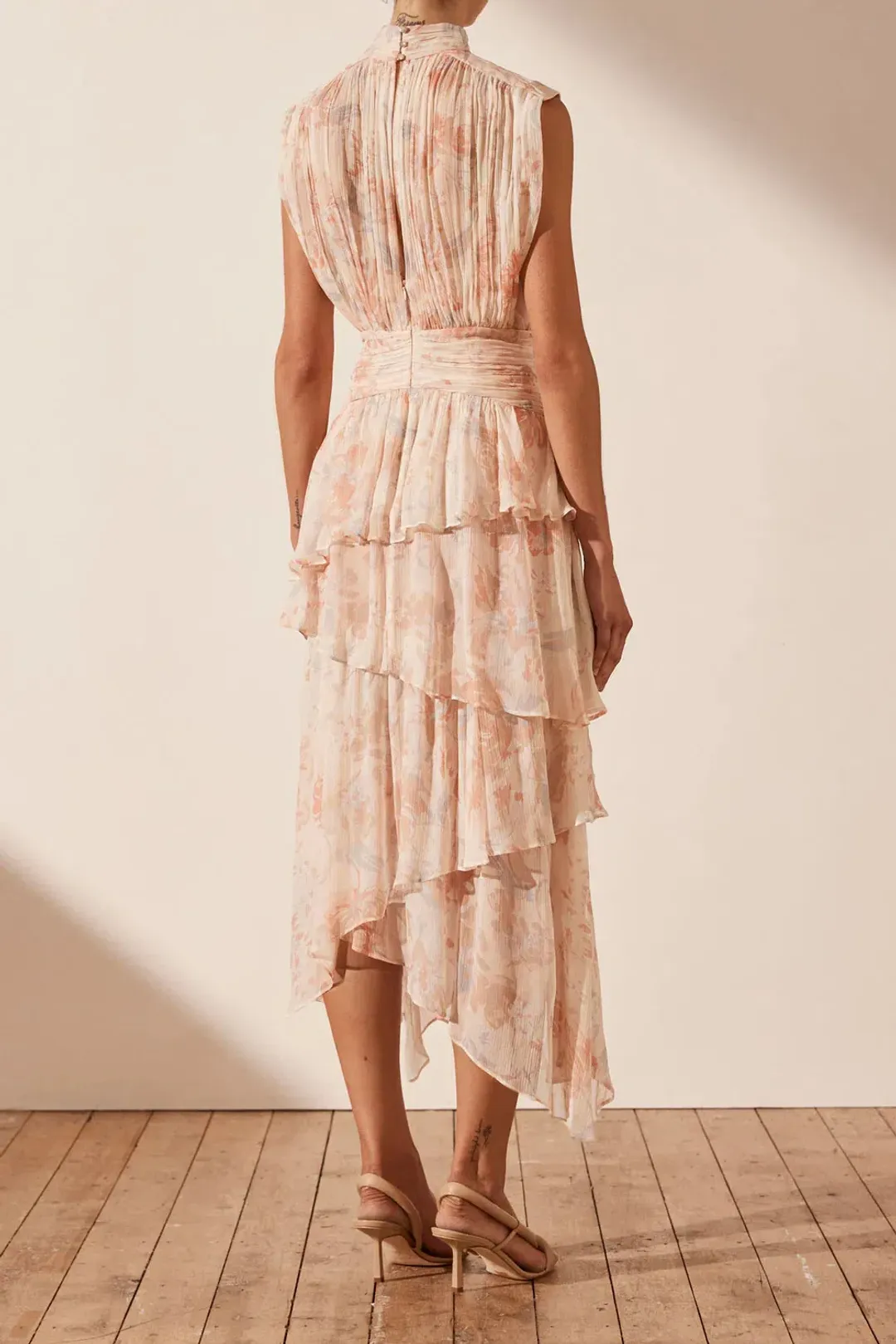 Shona Joy High Neck Midi Dress Faye Sleeveless Ruched Midi Dress in Blush Size AU 6 for rent on The Volte - main image