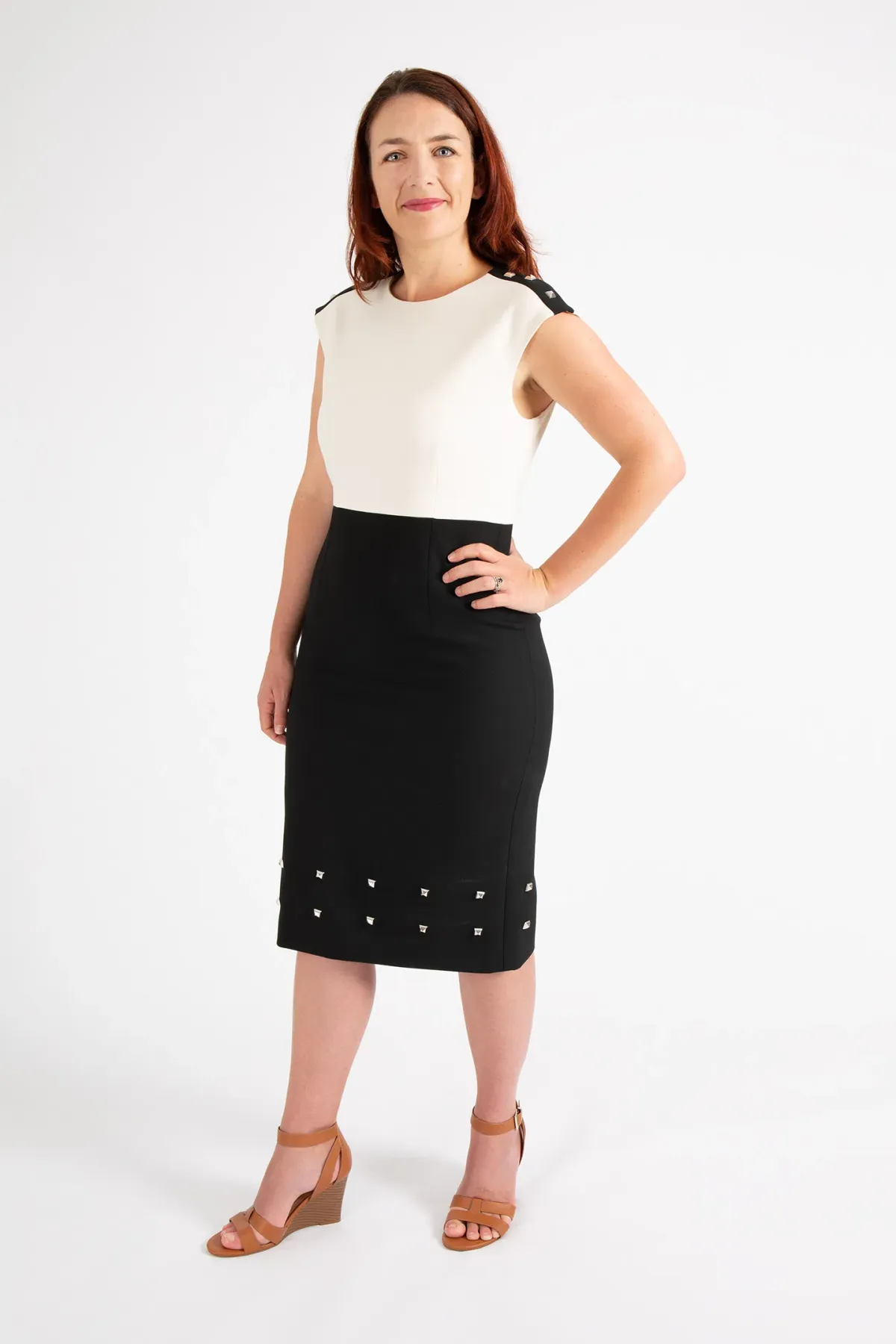 Hugo Boss Colour-Blocked Dress with Stud Trim Black Size 10  for rent on The Volte - main image