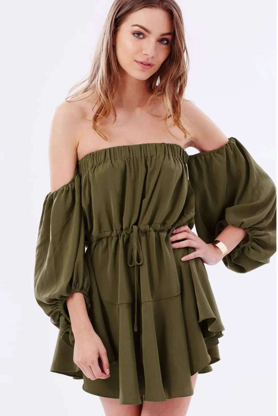 Shona Joy Leticia Off The Shoulder Tie Mini Dress Green Size 8 for rent on The Volte - main image
