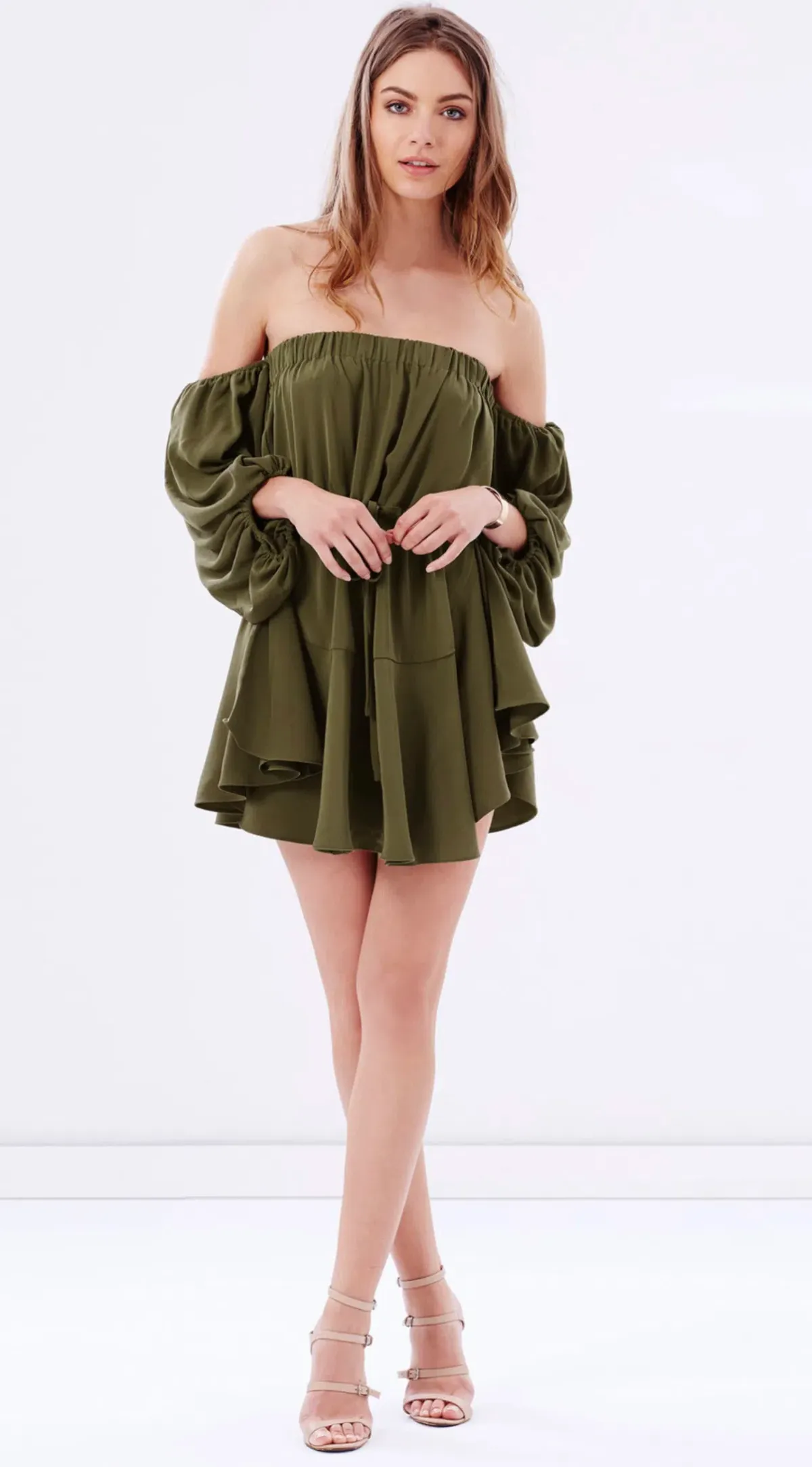 Shona Joy Leticia Off The Shoulder Tie Mini Dress Green Size 8 for rent on The Volte - main image