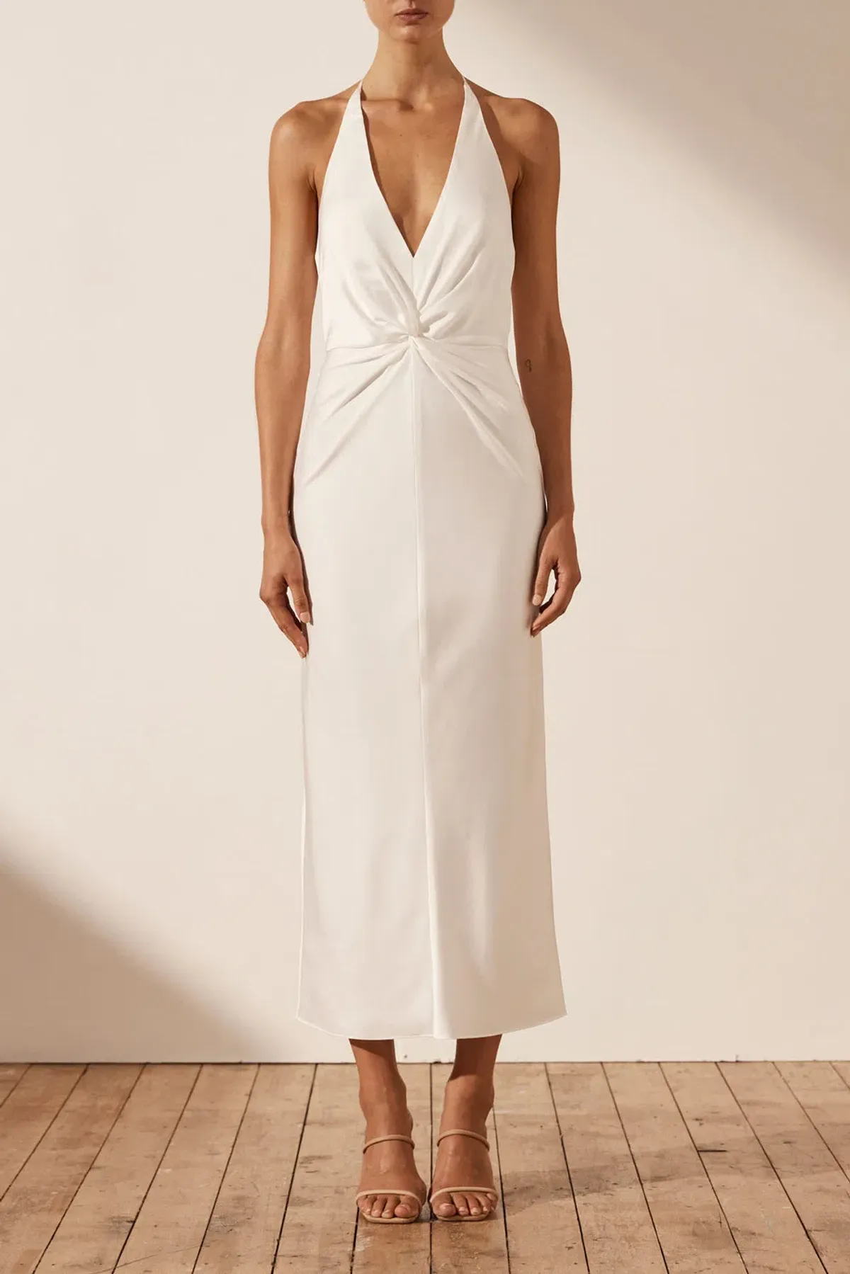 Shona Joy Luxe Twist Front Halter Midi Dress Ivory Size 6 / XS for rent on The Volte - main image