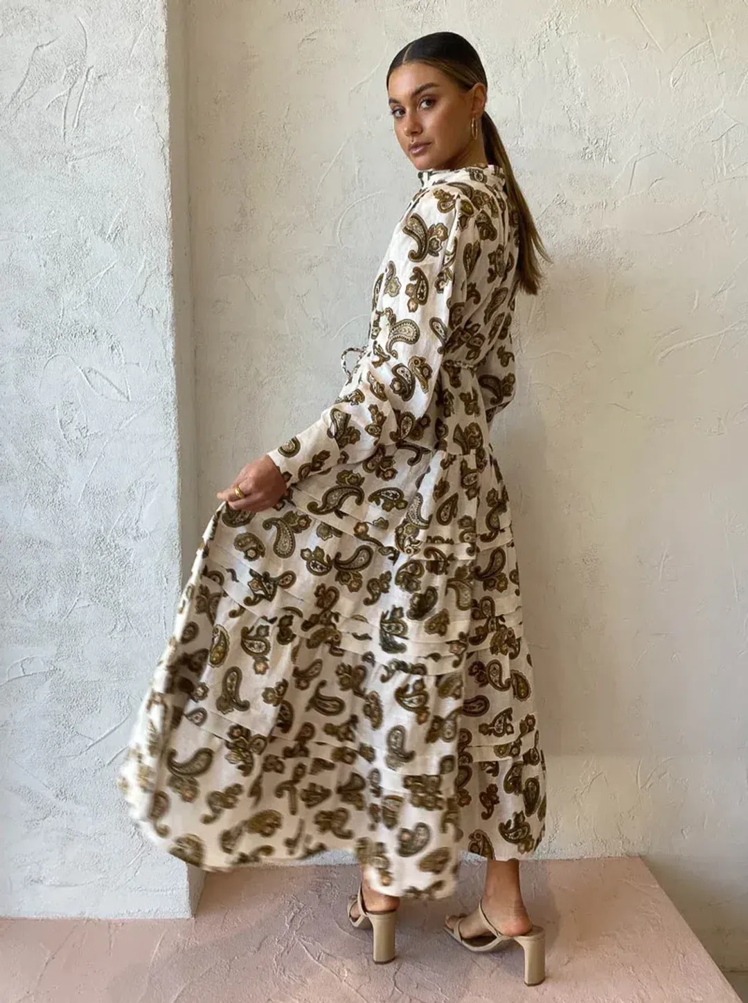 Alemais Mia Paisley Linen Midi Dress Cream Paisley Size 6  for rent on The Volte - main image