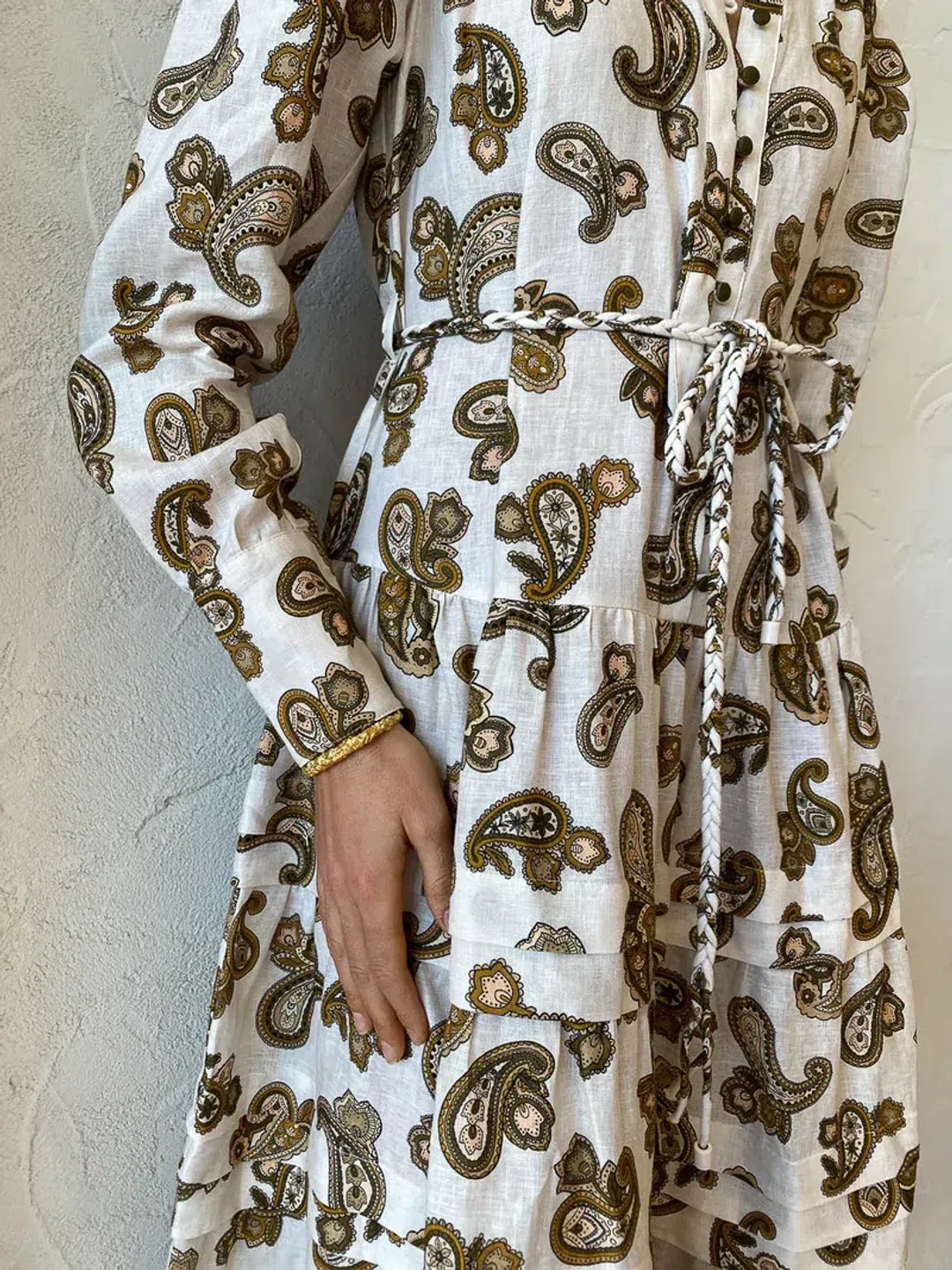 Alemais Mia Paisley Linen Midi Dress Cream Paisley Size 6  for rent on The Volte - main image
