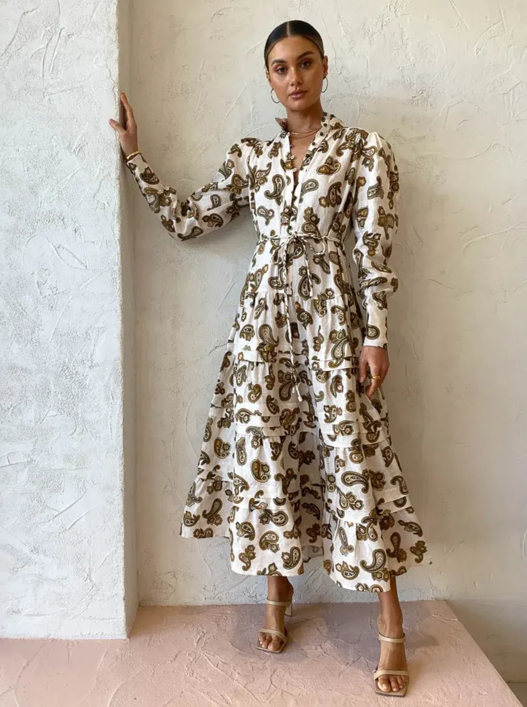 Alemais Mia Paisley Linen Midi Dress Cream Paisley Size 6  for rent on The Volte - main image