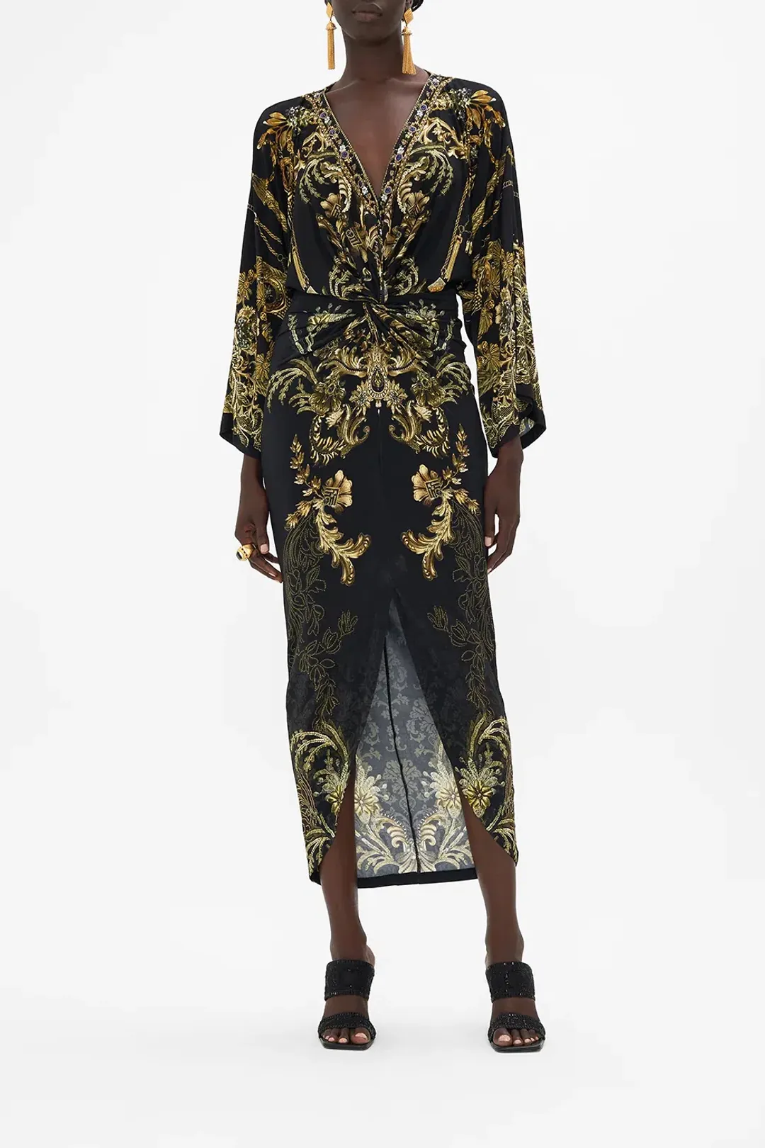 Camilla Long Split Front Twist Dress The Night Is Noir Print Size 8 for rent on The Volte - main image