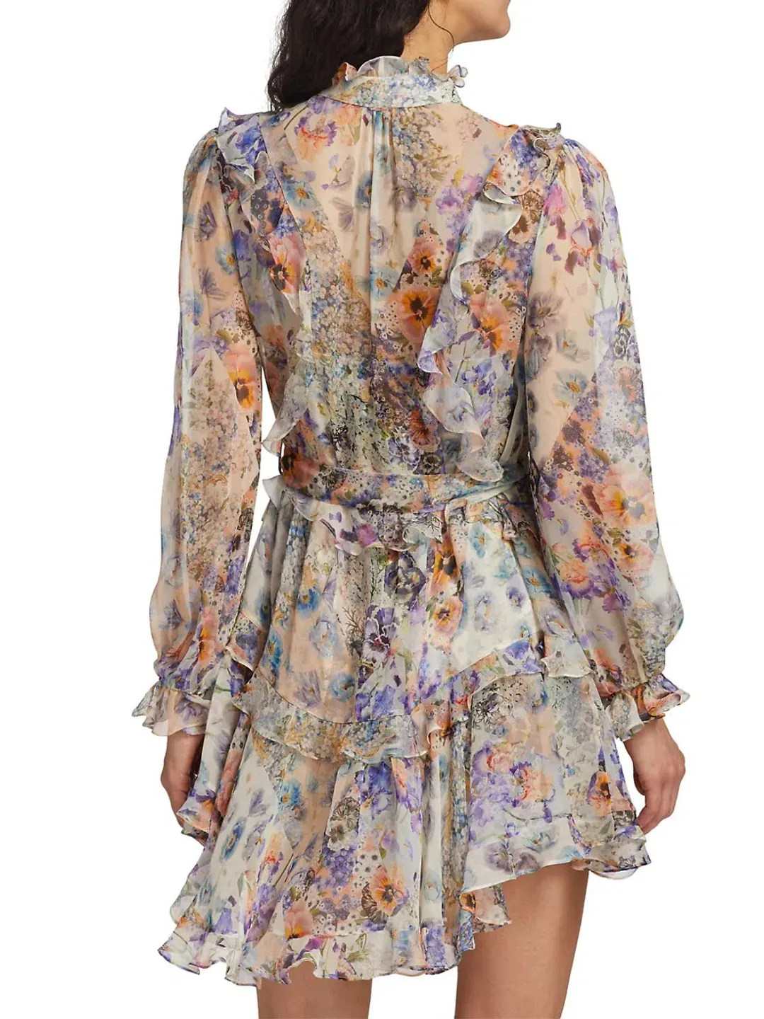 Zimmermann Tama Ruffle Mini Dress in Diamond Splice Floral Size 0/AU 8 for rent on The Volte - main image