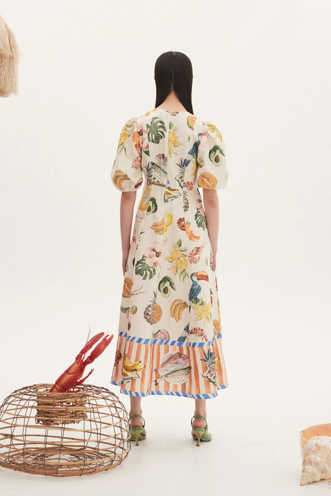 Alemais Theo Midi Linen Puff Sleeve Dress Print Size 12 for rent on The Volte - main image