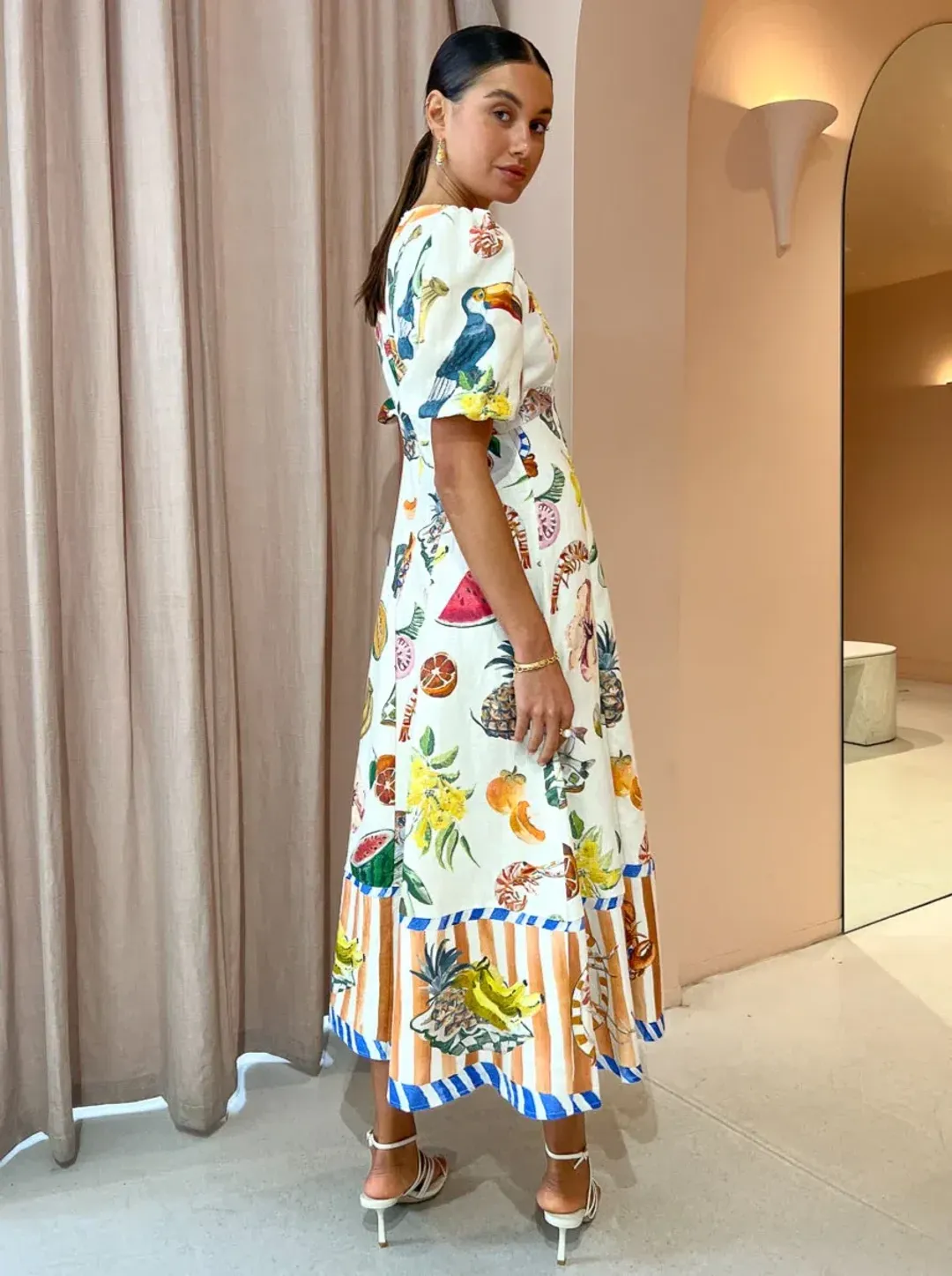 Alemais Theo Midi Linen Puff Sleeve Dress Print Size 12 for rent on The Volte - main image