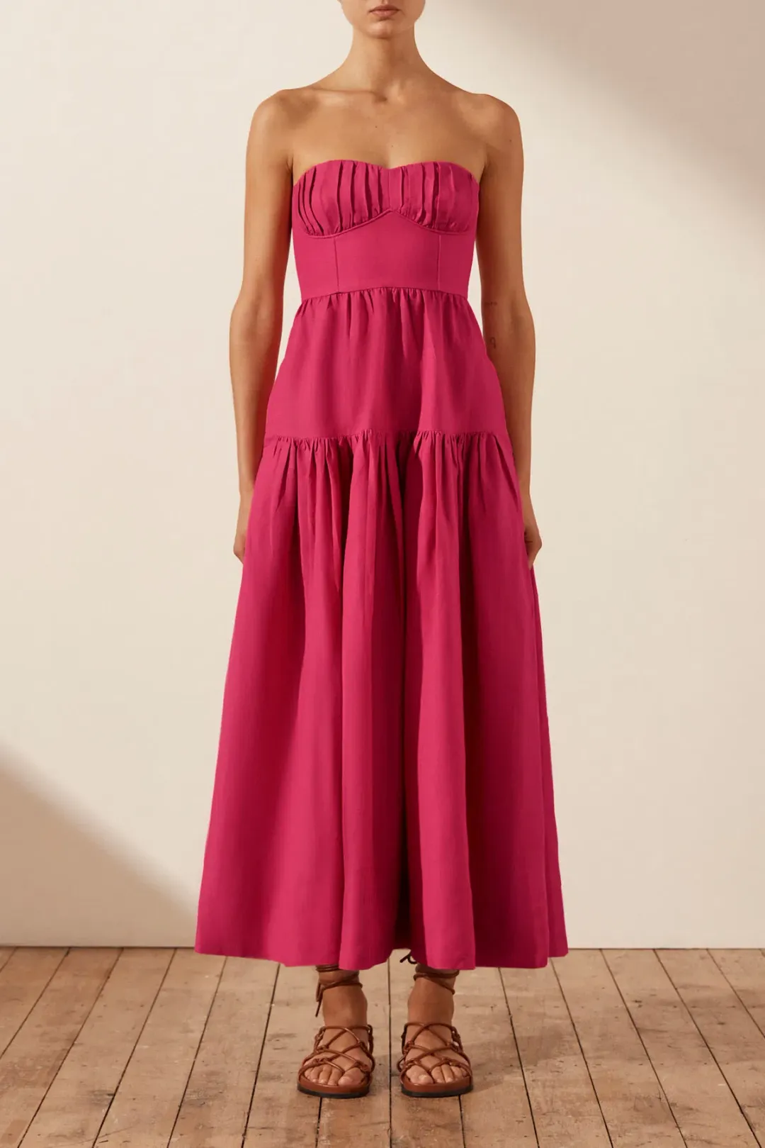 Shona Joy Joanine Linen Ruched Midi Dress Pink Size 14 / XL for rent on The Volte - main image