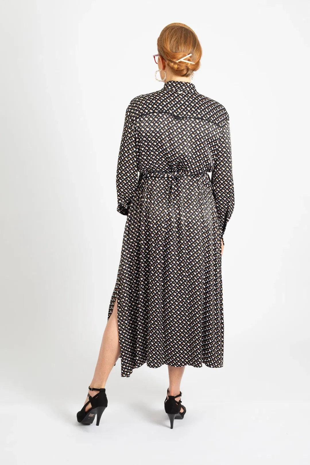 Hugo Boss Long-Sleeved Shirt Dress in Monogram-Print Fabric Patterned Size 10 for rent on The Volte - main image