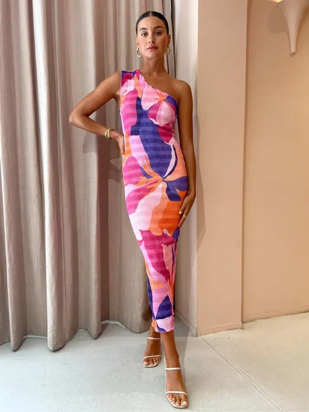 L'Idee Gigi Smocking Gown In Capri Print Pink Size AU 8 for rent on The Volte - main image