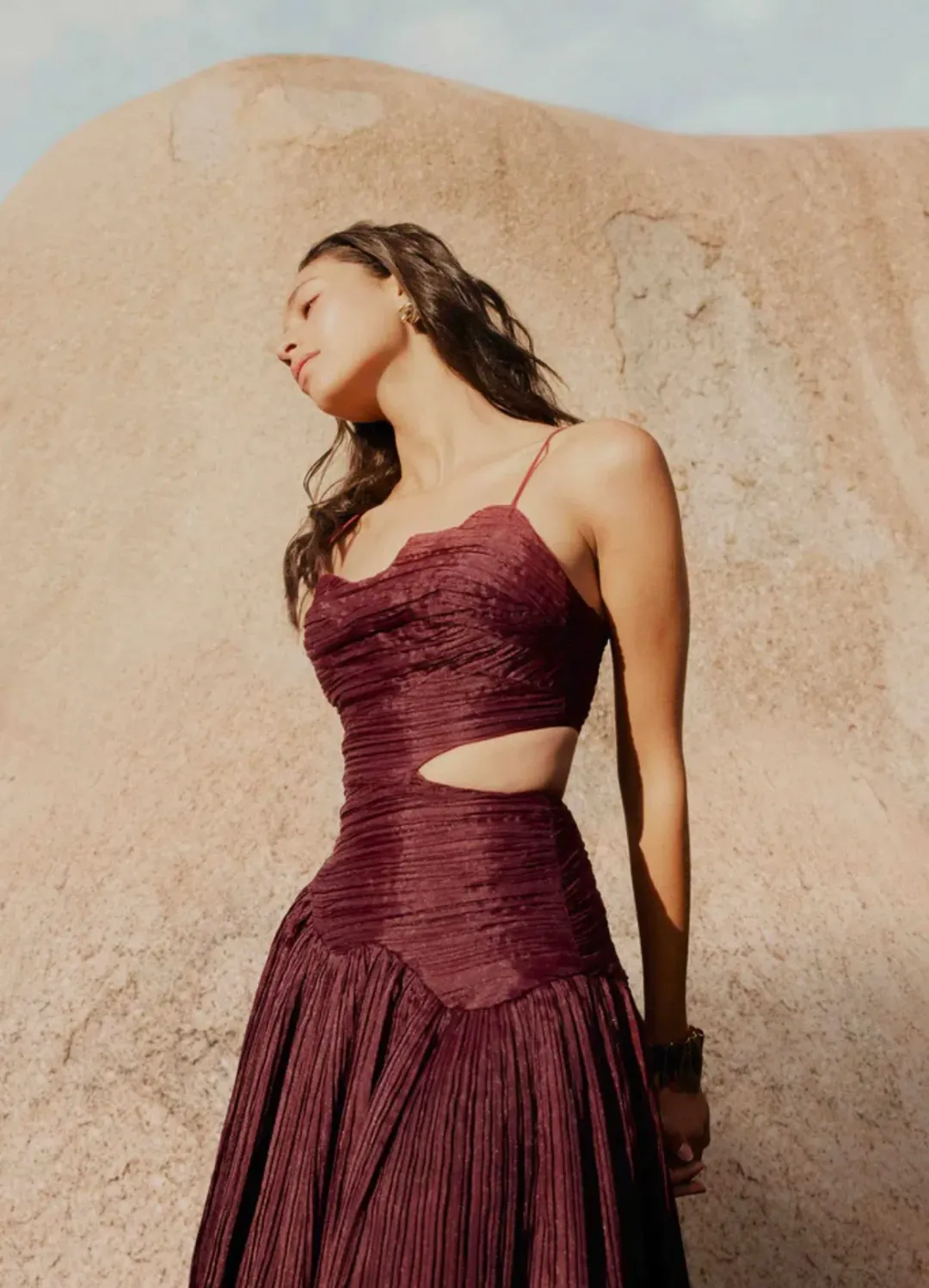 Aje Laurier Wave Maxi Dress Burgundy Size AU 6 for rent on The Volte - main image