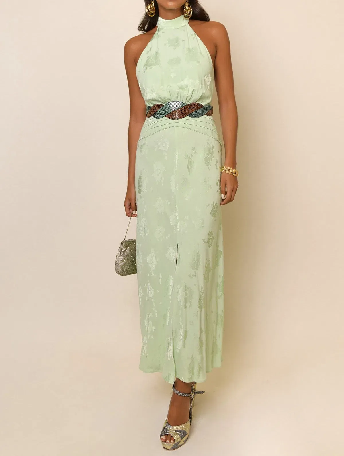 Rixo Kendra Halter Neck Midi Dress Green Size XXS / Au 6 for rent on The Volte - main image
