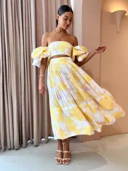 Leo Lin Simone Puff Top in Size 10 & Elina Pleated Midi Skirt in Size 8 Set Jasmine Print in Sun for rent on The Volte - image 1