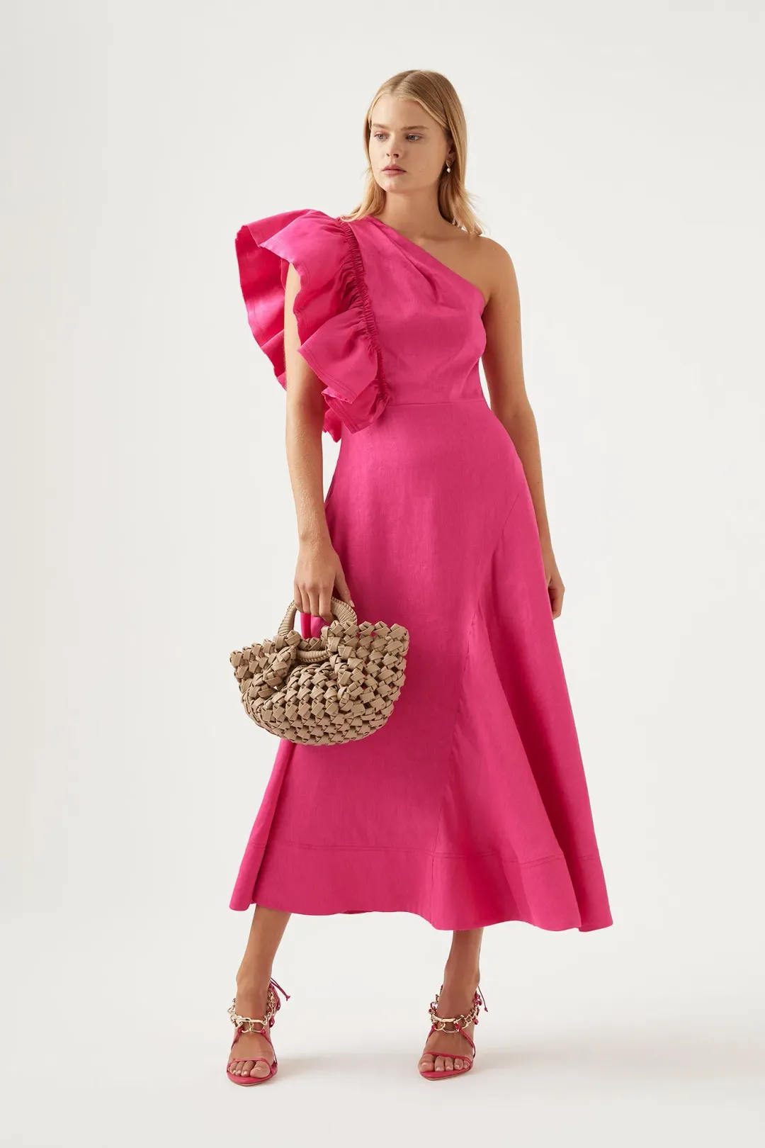Aje Bonjour Asymmetric Midi Dress Pink Size AU 12 for rent on The Volte - main image