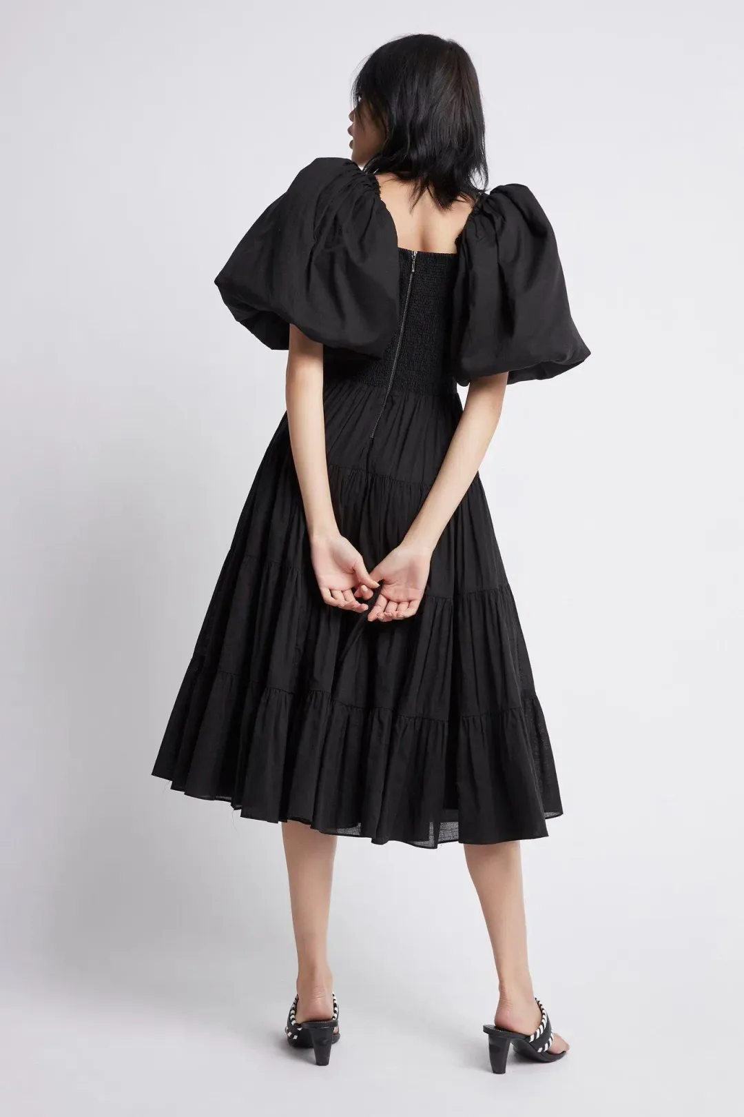 Aje Cherished Casa Puff Sleeve Midi Dress Black Tiered Size AU 8 for rent on The Volte - main image