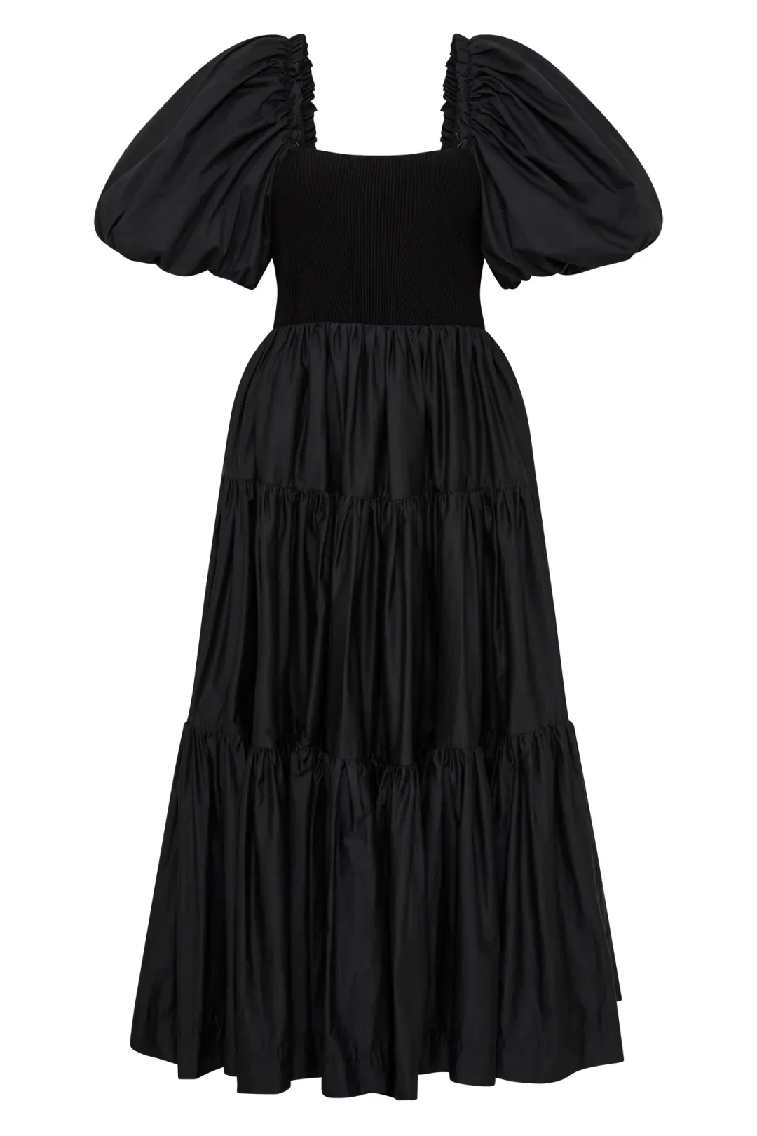 Aje Cherished Casa Puff Sleeve Midi Dress Black Tiered Size AU 8 for rent on The Volte - main image