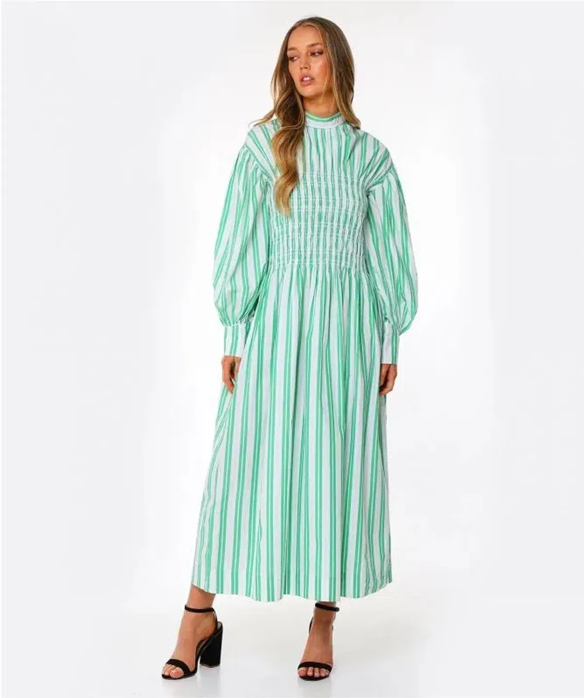 Ganni Stripe Midi Dress Green Size AU 8 for rent on The Volte - main image