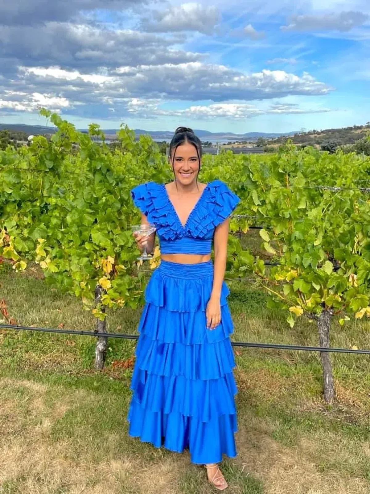 Aje Eleni Tiered Maxi And Rhythmic Frill Bodice Set Blue Size AU 12  for rent on The Volte - main image