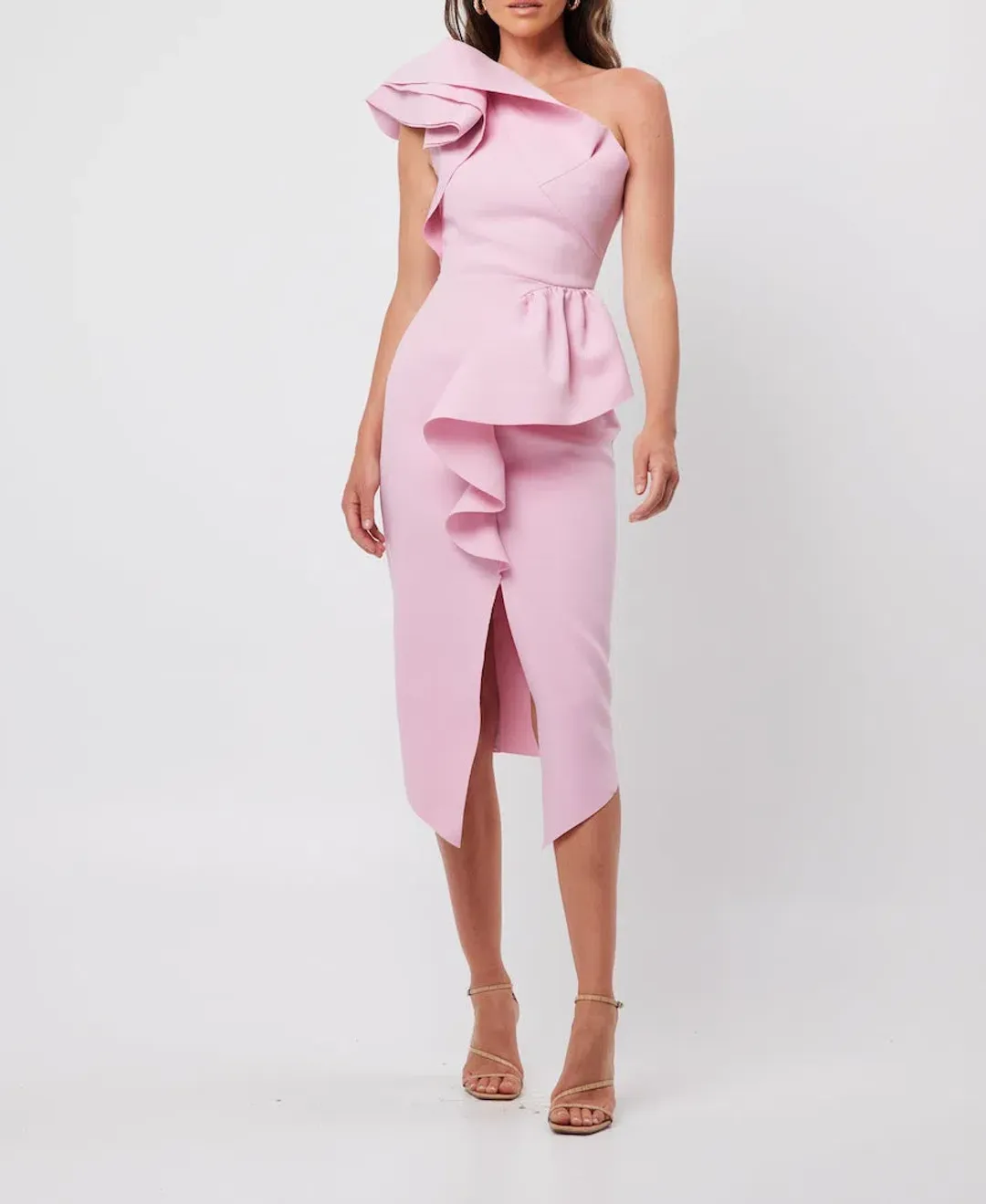 Elliatt Amara Ruffled Midi Dress Pink Size 10 for rent on The Volte - main image