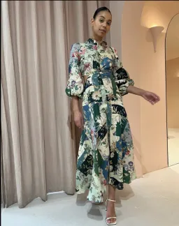 Alemais Loretta Long Sleeve Cutout Linen Patchwork Midi Dress Multi Size 10 for rent on The Volte - image 1