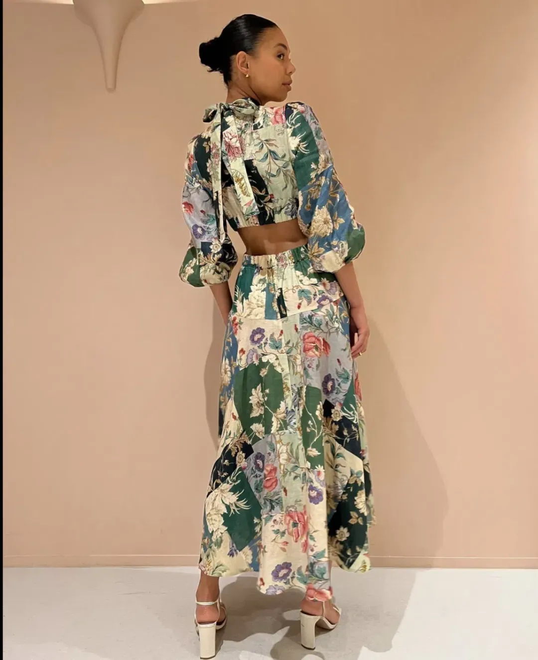 Alemais Loretta Long Sleeve Cutout Linen Patchwork Midi Dress Multi Size 10 for rent on The Volte - main image
