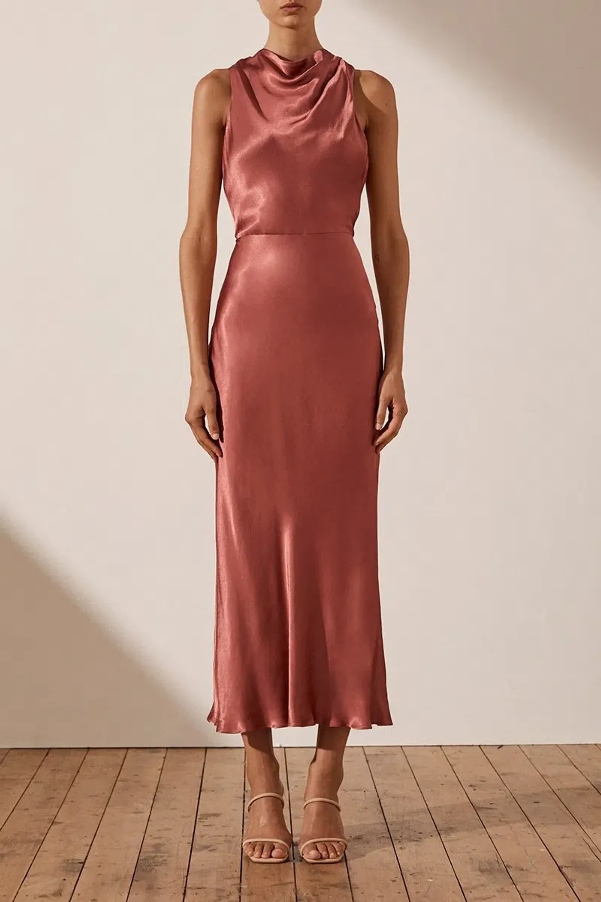Shona Joy La Lune High Neck Midi Dress Terracotta Size 8  for rent on The Volte - main image