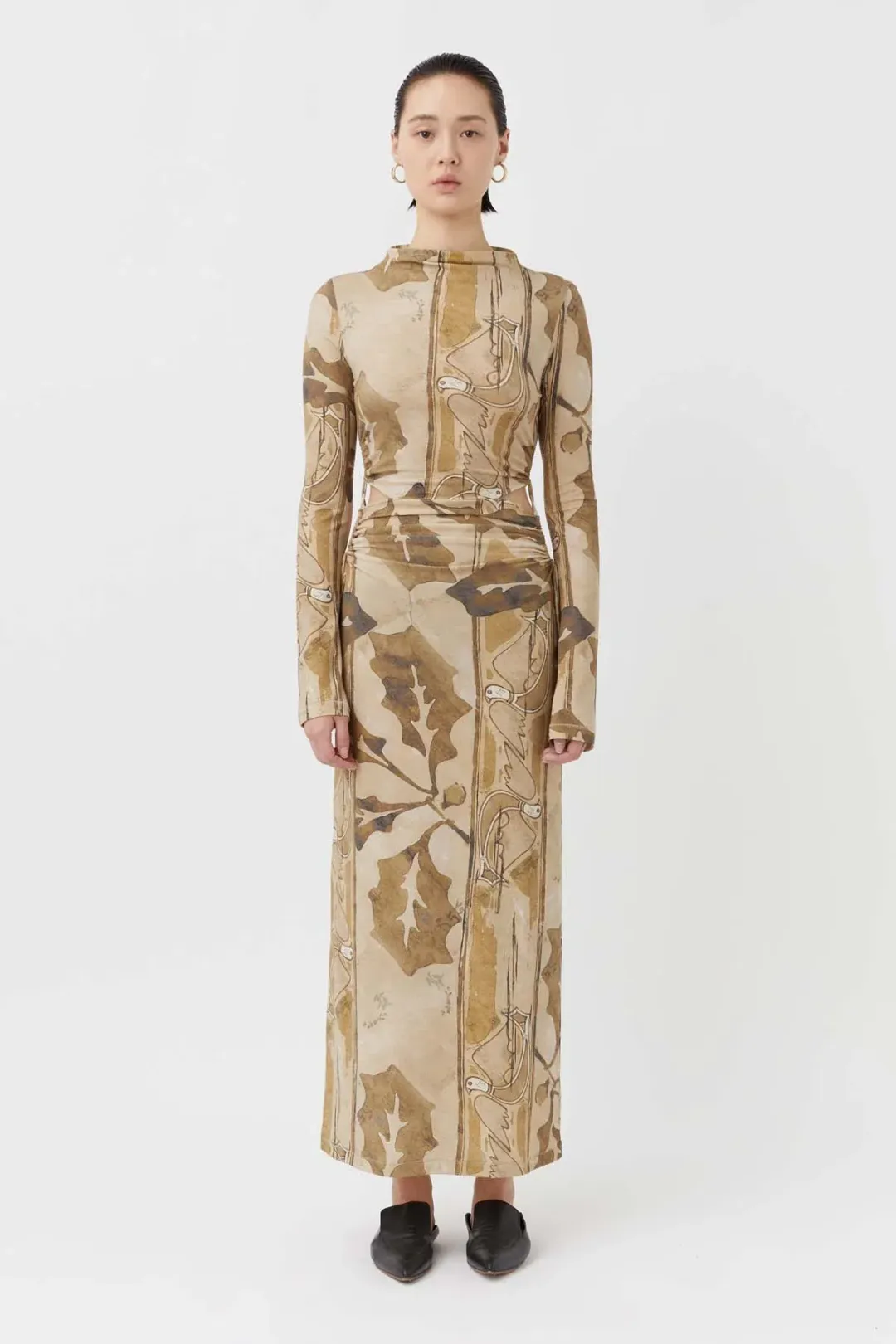 Camilla and Marc Khya Printed Midi Dress Kairi Beige Print Size 8  for rent on The Volte - main image