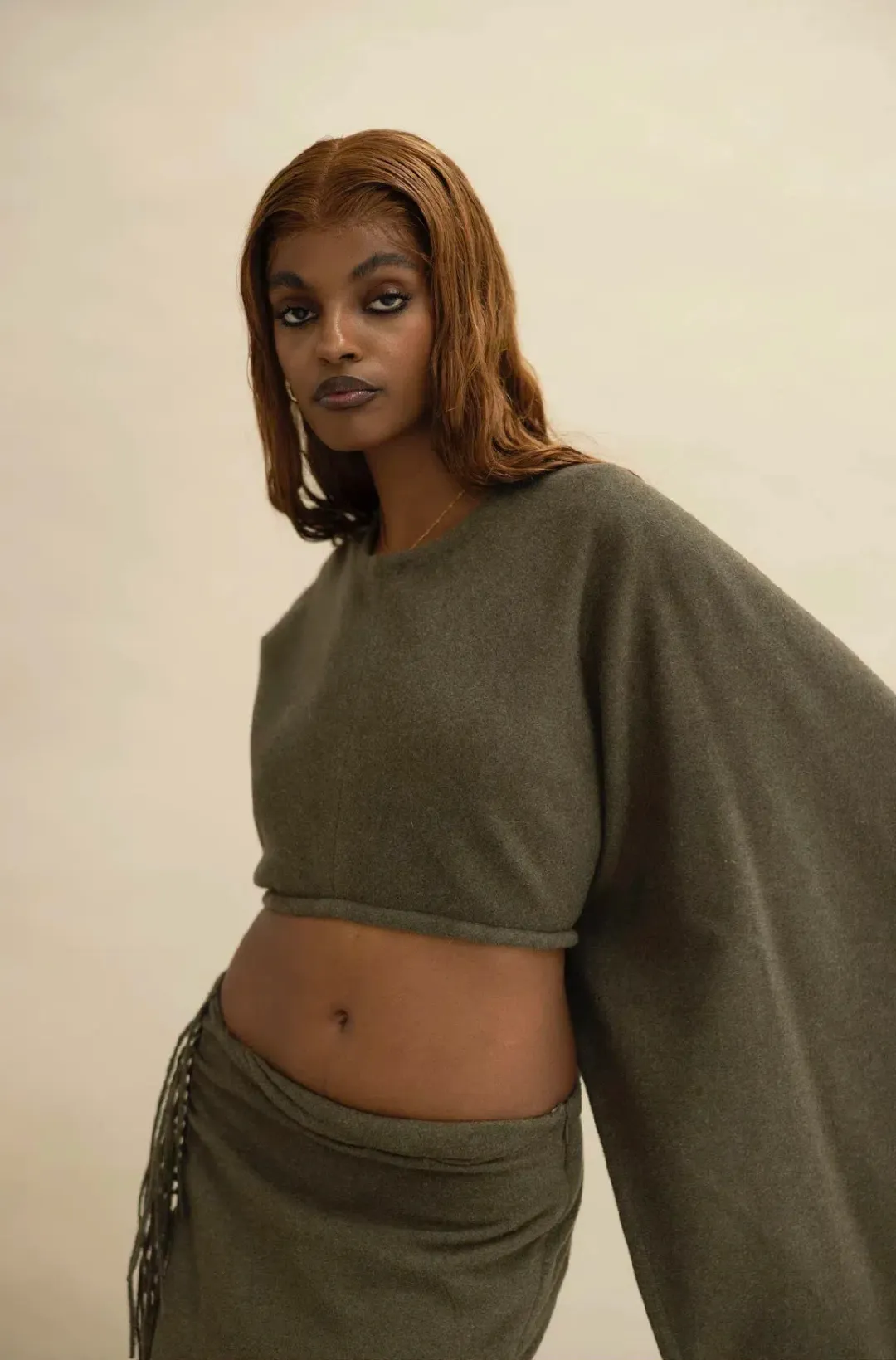 Christopher Esber Tassel Sleeve Scarf Crop Top and Sarong Skirt Set Green Size 8 for rent on The Volte - main image