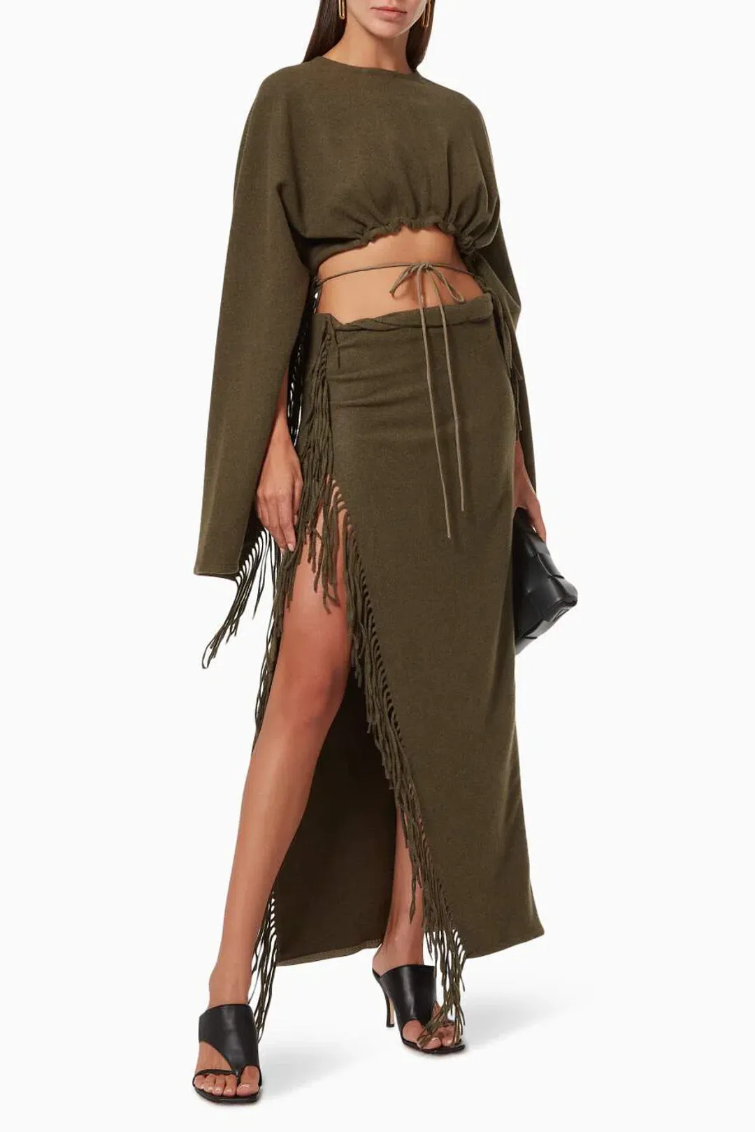 Christopher Esber Tassel Sleeve Scarf Crop Top and Sarong Skirt Set Green Size 8 for rent on The Volte - main image