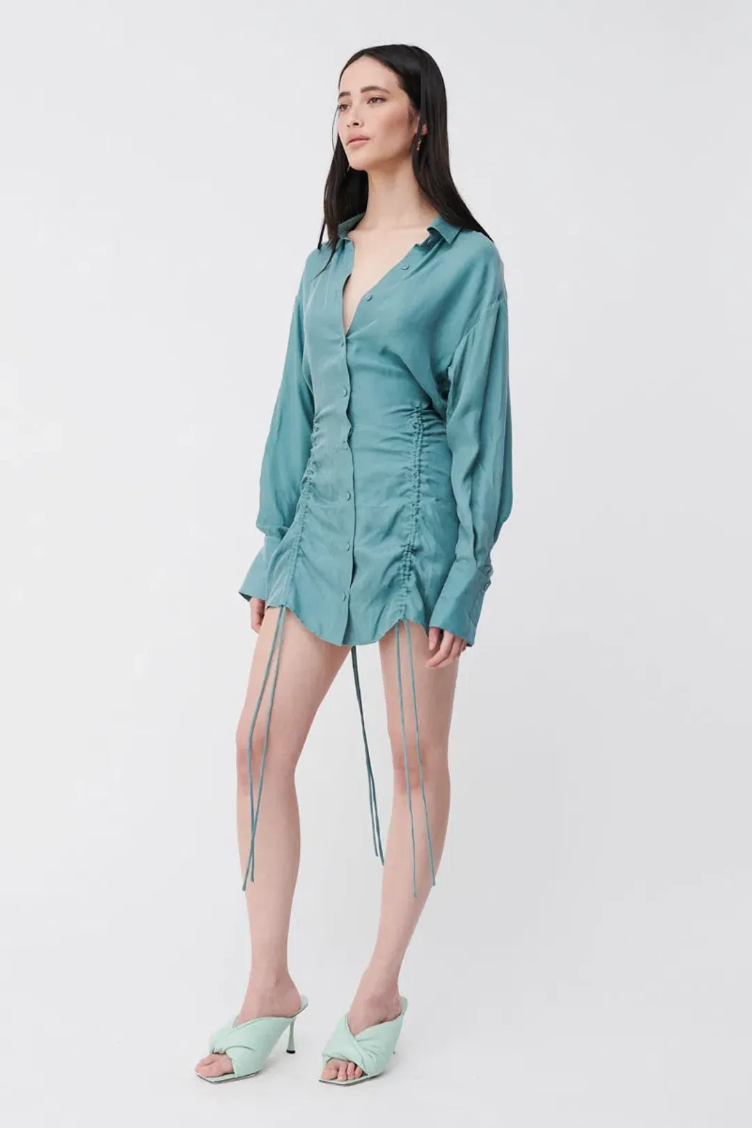 Suboo Seafoam Andy Ruched Mini Shirt Dress Blue  Size XS / AU 6 for rent on The Volte - main image