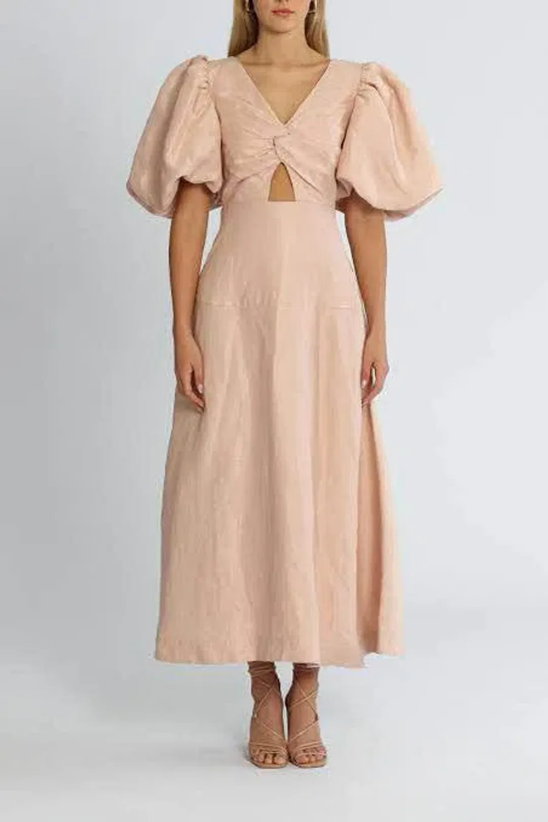 AJE DUSK KNOT PUFF SLEEVE MIDI DRESS BLUSH SIZE 8 for rent on The Volte - main image