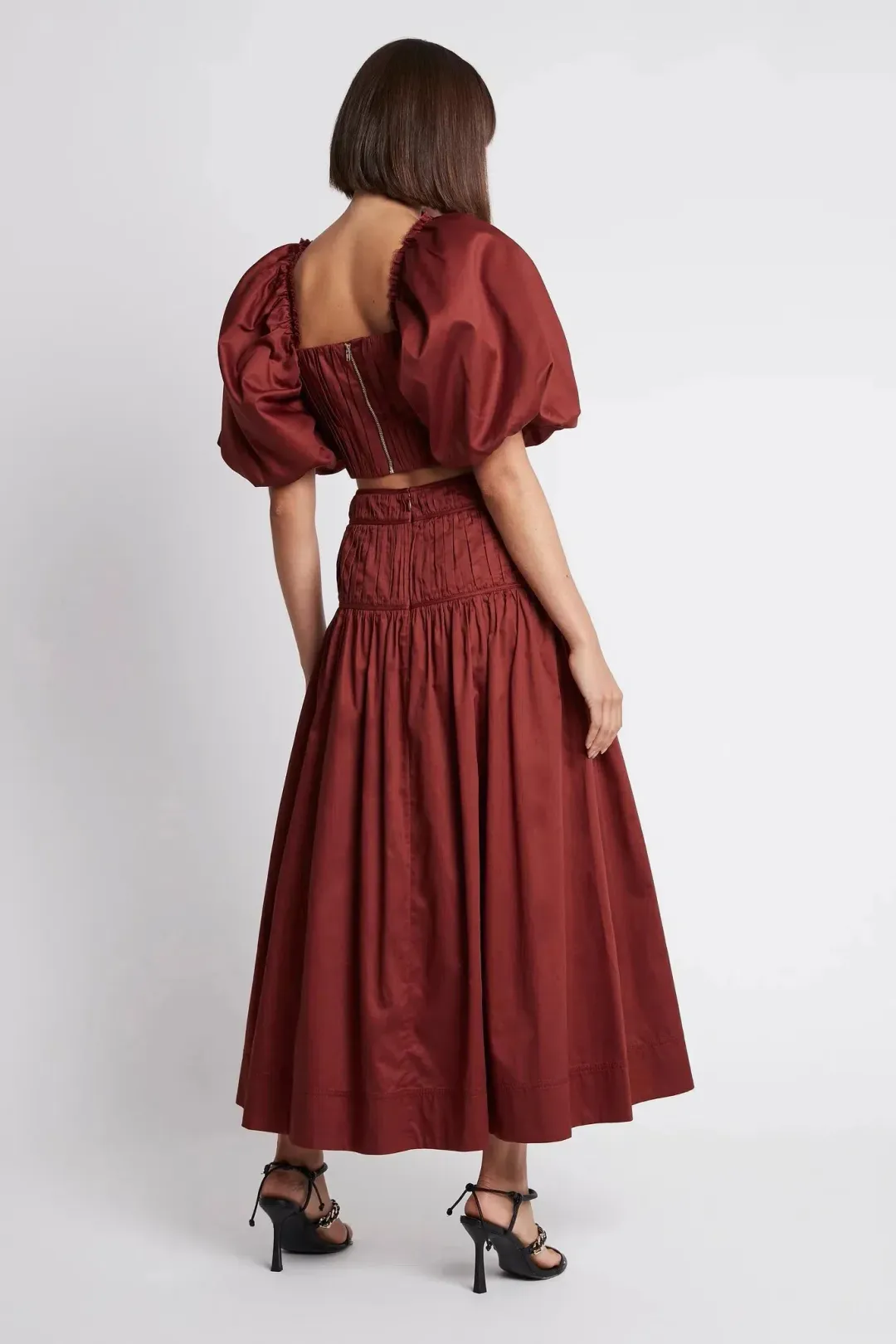Aje Enamour Midi Skirt & Puffed Sleeve Cropped Top Set Burgundy Size 4 for rent on The Volte - main image