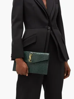 Saint Laurent Uptown Clutch Green Croc Embossed Leather for rent on The Volte - image 1