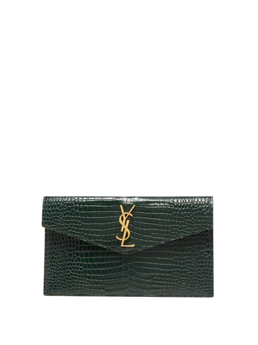 Saint Laurent Uptown Clutch Green Croc Embossed Leather for rent on The Volte - main image