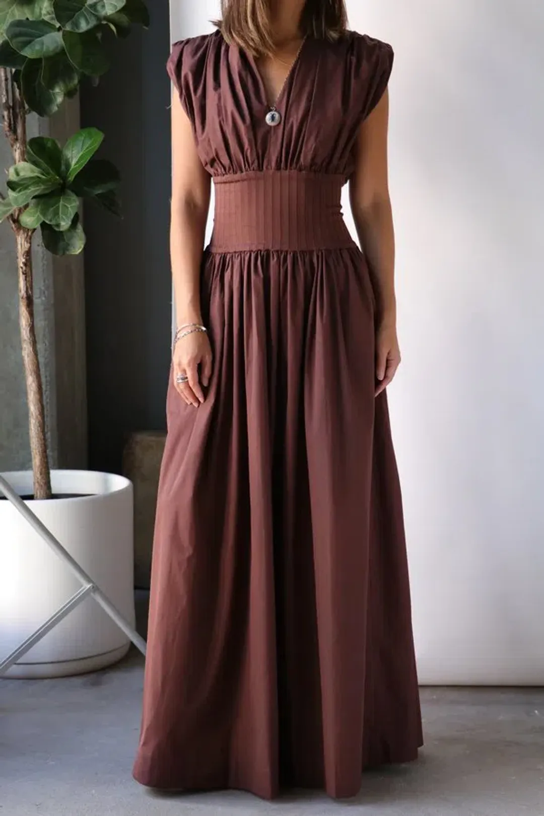 Esse Studios Cotton Rib Gathered Dress Brown Size 8 for rent on The Volte - main image